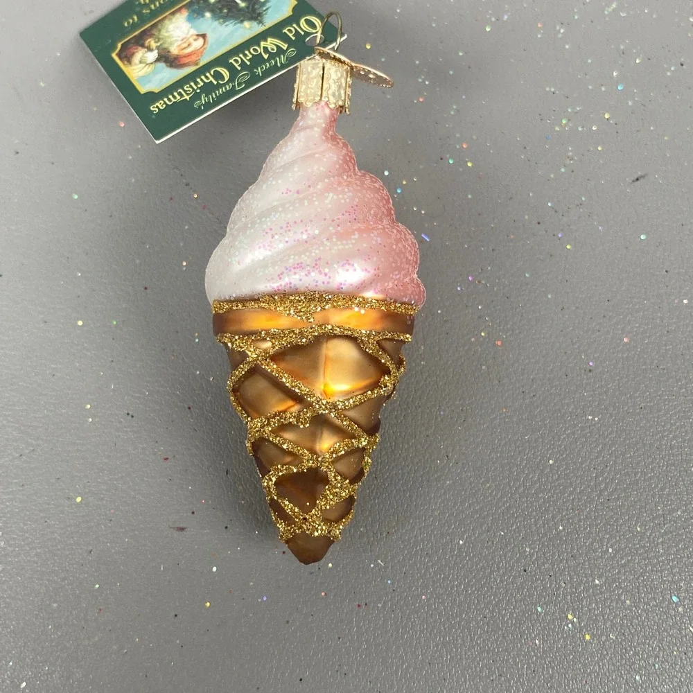 Old World Christmas Glass Ornaments Teddy Bear Basket & Pink Ice Cream Cone Set